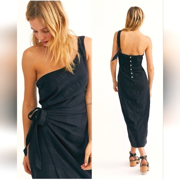 FREE PEOPLE At Leisure Midi One Shoulder Cotton/linen Dress In Black. XS